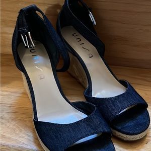 Dark blue denim like new wedge heel sandal